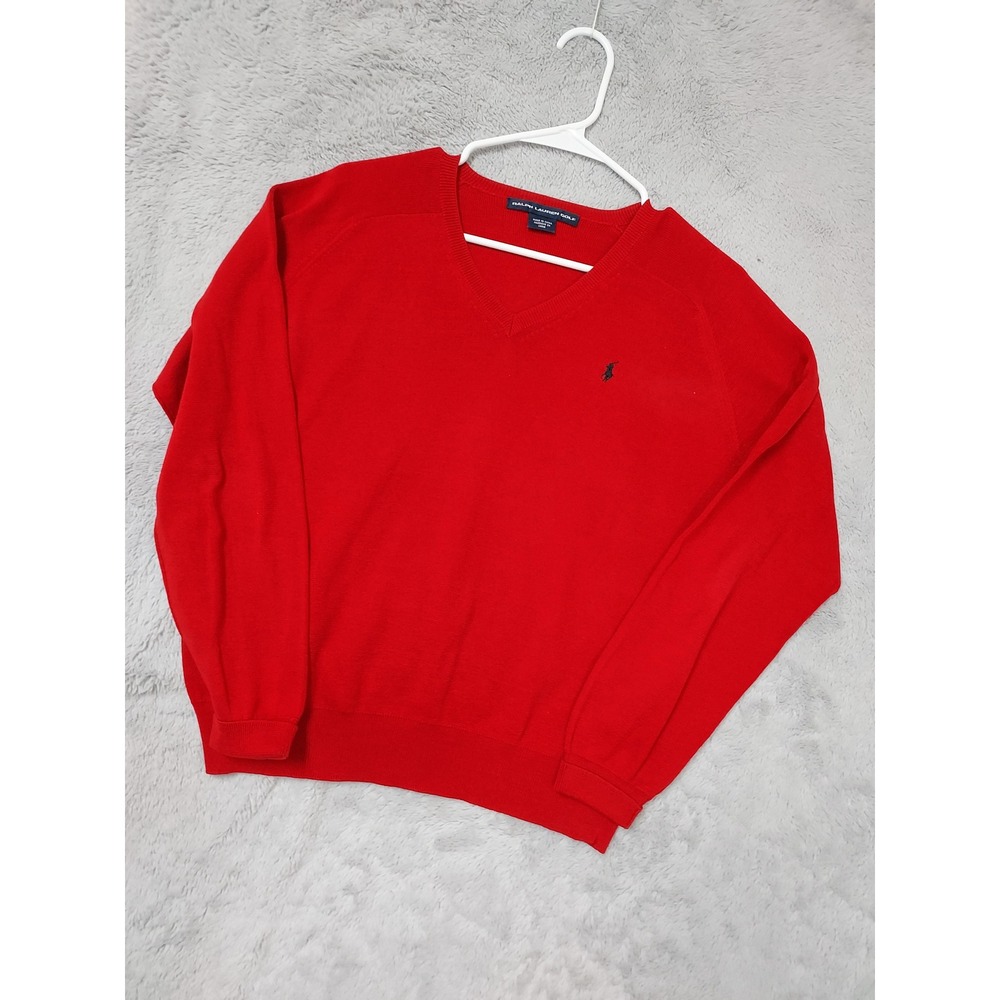 Vintage Ralph Lauren Sweater Womens Large Golf V Neck Cotton Red Preppy Tennis
